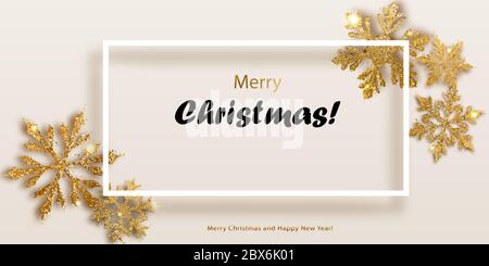 Vector illustration of beautiful shiny complex Christmas snowflakes made of sparkles in golden colors and white frame with shadow and inscription on l Stock Vector