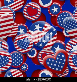 Vector seamless pattern of various USA symbols in red and blue colors on background with holes. Independence Day United States of America Stock Vector