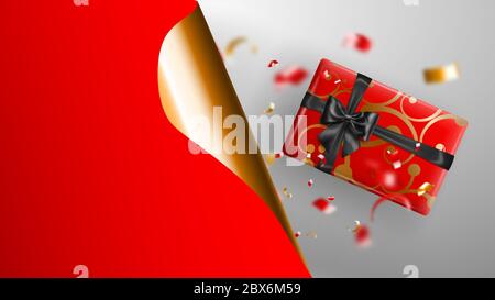 Black Friday sale banner. Golden curled paper corner and place for inscription. Gift box, blurry red and yellow pieces of serpentine on white backgrou Stock Vector
