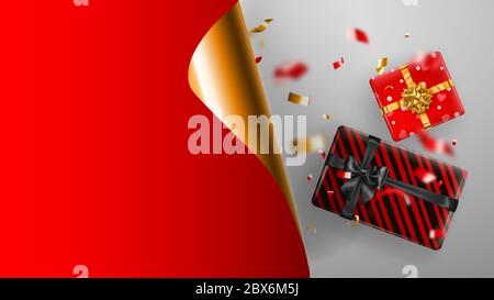 Black Friday sale banner. Golden curled paper corner and place for inscription. Gift box, blurry red and yellow pieces of serpentine on white backgrou Stock Vector
