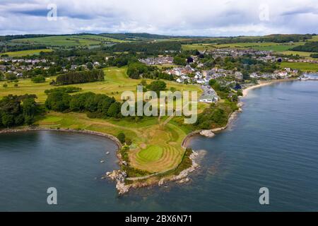 Aerial view of Aberdour Golf Course and village of Aberdour in Fife, Scotland, UK