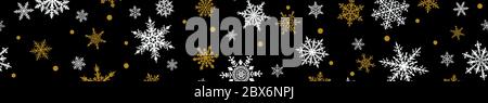 Christmas banner of complex big and small snowflakes in white and yellow colors on black background. With horizontal repetition Stock Vector