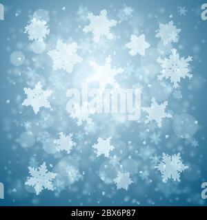 Christmas background of complex blurred and clear falling snowflakes in blue colors with bokeh effect Stock Vector