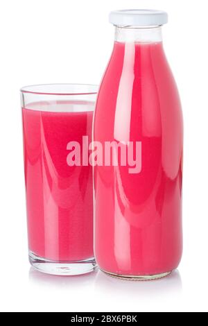 Fruit juice red strawberry smoothie drink bottle and glass isolated on a white background Stock Photo