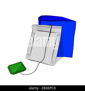Vector Hand Draw Sketch, Mockup Blank Instant Tea Bag and Box, Isolated on White Stock Vector