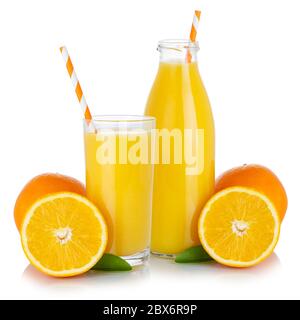 Fresh orange fruit juice drink smoothie oranges glass and bottle isolated on a white background Stock Photo