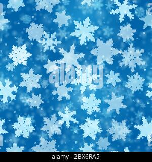 Christmas seamless pattern of complex blurred and clear falling snowflakes in blue colors with bokeh effect Stock Vector