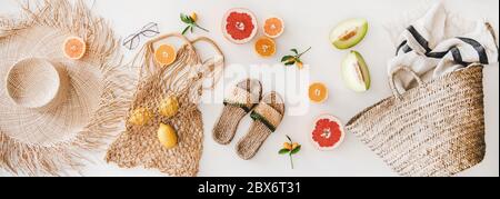 Summer mood layout with feminine accessories and fresh fruits Stock Photo