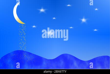 Half-golden moon pouring gold on sea, with a sky full of shiny stars Stock Vector