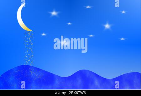 Half-golden moon pouring gold on sea, with a sky full of shiny stars background Stock Vector