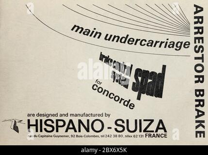 Vintage advertisement for Hispano Suiza aircraft undercarriages, brake controls and arrestor brakes, as used on Concorde. Stock Photo