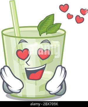 Romantic mojito lemon cocktail cartoon character has a falling in love eyes Stock Vector