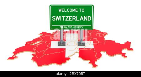 Billboard Welcome to Switzerland on Swiss map, 3D rendering isolated on white background Stock Photo