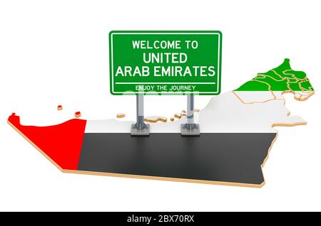 Billboard Welcome to the UAE on the United Arab Emirates map, 3D rendering isolated on white background Stock Photo