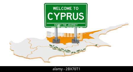 Billboard Welcome to Cyprus on Cyprus map, 3D rendering isolated on white background Stock Photo