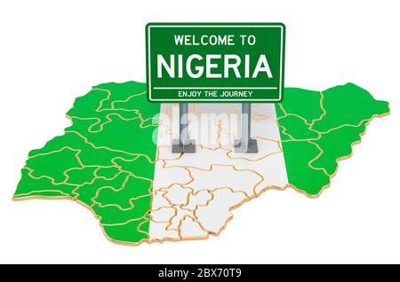 Billboard Welcome to Nigeria on Nigerian map, 3D rendering isolated on white background Stock Photo