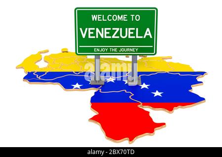 Billboard Welcome to Venezuela on Venezuelan map, 3D rendering isolated on white background Stock Photo