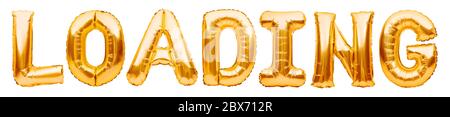 Word LOADING made of golden inflatable balloons isolated on white background. Helium balloons gold foil forming word loading. Internet and information Stock Photo