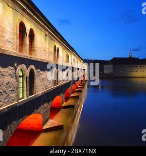 The famous covered bridge of Strasbourg at night, France. Stock Photo