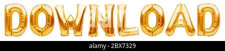 Word DOWNLOAD made of golden inflatable balloons isolated on white background. Helium balloons gold foil forming word download. Internet and Stock Photo