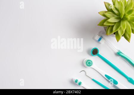 Teeth dental care instruments on white background Stock Photo
