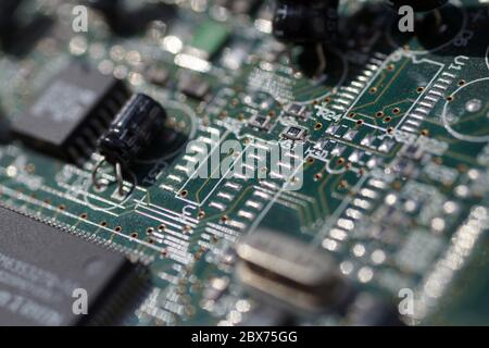 Close-up of a piece of computer graphics card. Large close-up on components. Stock Photo