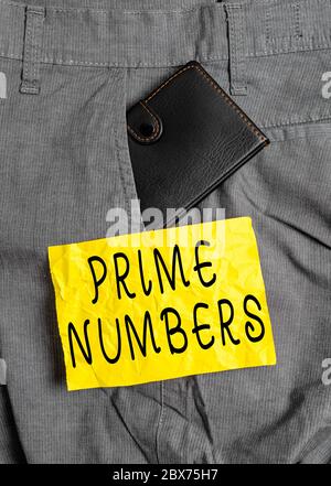 Word writing text Prime Numbers. Business photo showcasing a positive integer containing factors of one and itself Small little wallet inside man trou Stock Photo