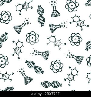 Seamless pattern with scientific objects. Hand drawn DNA molecule, atom and other objects associated with science. Vector illustration in doodle style Stock Vector