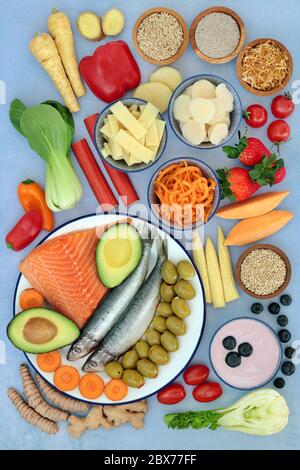 Food to ease irritable bowel syndrome. Healthy foods high in antioxidants, protein, dietary fiber, vitamins, minerals, smart carbs, omega 3 & anthocya Stock Photo