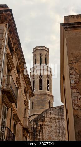 On the narrow streets near the Salvador Dali Museum in Figueros and the church of St. Peter Stock Photo