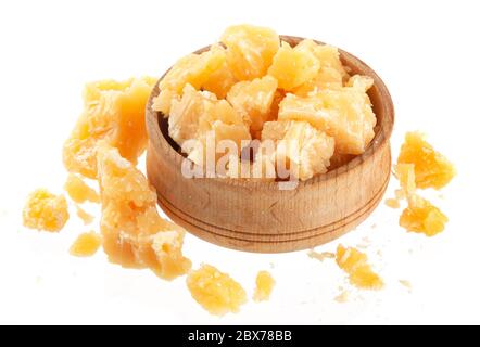 Parmesan cheese in wooden bowl isolated on white background Stock Photo