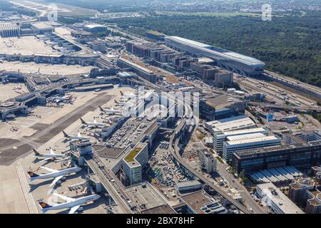Frankfurt, Germany - May 27, 2020: Terminal 1 Lufthansa airplanes during Coronavirus at Frankfurt airport (FRA) in Germany. Stock Photo