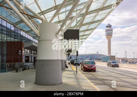 Atlanta, Georgia - April 2, 2019: International Terminal and Tower at Atlanta airport (ATL) in Georgia.
