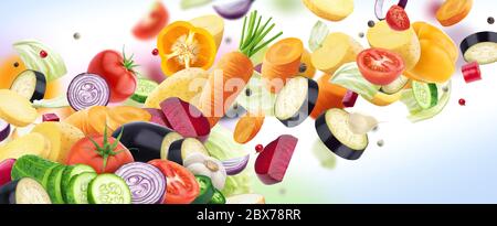 Falling mix of different vegetables isolated on white background Stock Photo