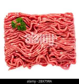 Raw ground beef, top view, isolated on white. Stock Photo
