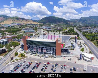 Aerial view of Rice–Eccles Stadium in University of Utah in Salt Lake City, Utah, USA. It is the home of Utah Utes and served as the main stadium. Stock Photo