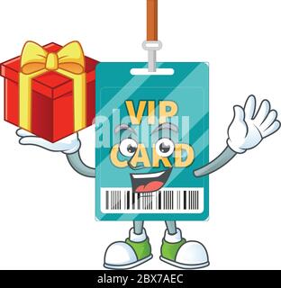 VIP pass card cartoon mascot concept design with a red box of gift Stock Vector