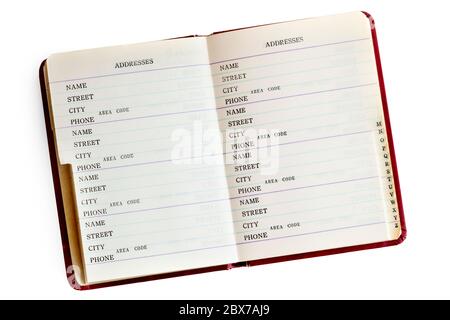 Address book open, isolated on white.  Old retro style. Stock Photo