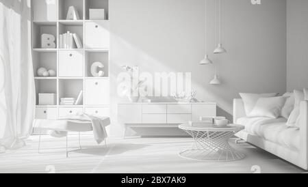 white interior design 3D rendering Stock Photo