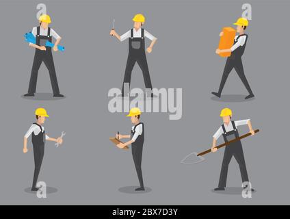 Construction worker wearing yellow helmet and overall work clothes working with different tools. Set of six vector character design isolated on grey b Stock Vector