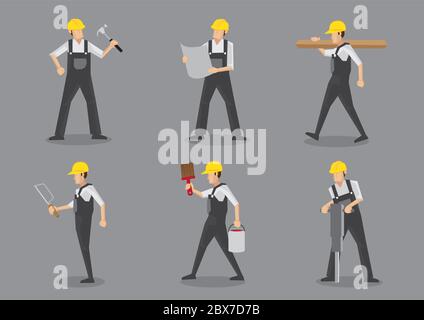 Construction builder in yellow helmet and overall work clothes working with building tools and equipment. Set of six vector character design isolated Stock Vector