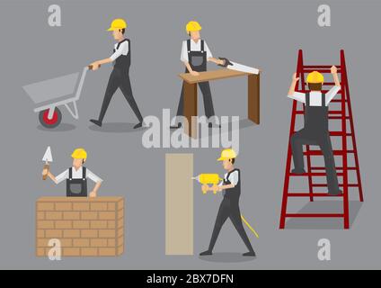 Builder in yellow helmet and overall work clothes working with manual tools and equipment at construction site. Vector cartoon characters isolated on Stock Vector