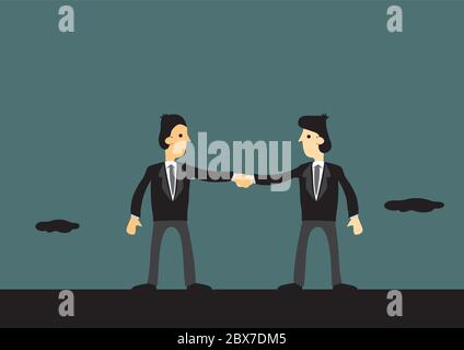 Two cartoon man wearing business suits joined in hands. Concept vector illustration for business team and teamwork. Stock Vector