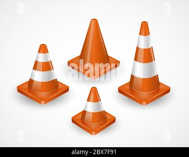 Traffic cones collection. Isometric set of icons for web design isolated on white background. Realistic vector illustration. Stock Vector