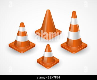 Traffic cones collection. Isometric set of icons for web design isolated on white background. Realistic vector illustration. Stock Vector