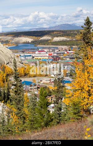 View of the city of Whitehorse, Yukon Territory, Canada.  Image taken from the hiking trails near the Erik Nielsen Whitehorse International Airport. Stock Photo