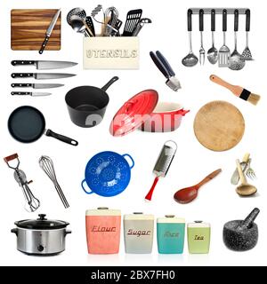 Collection of kitchen utensils, isolated on white. Stock Photo