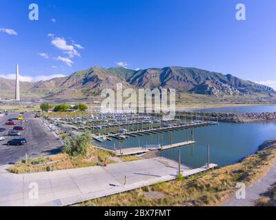 Aerial view of Great Salt Lake and Interstate Highway 80 in Great Salt Lake State Park, Utah, USA. Stock Photo