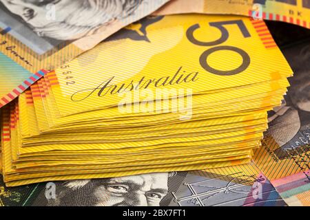 Australian money background.  Fifty dollar notes. Stock Photo