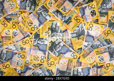 Australian money background.  Fifty dollar notes, top view. XXXL. Stock Photo